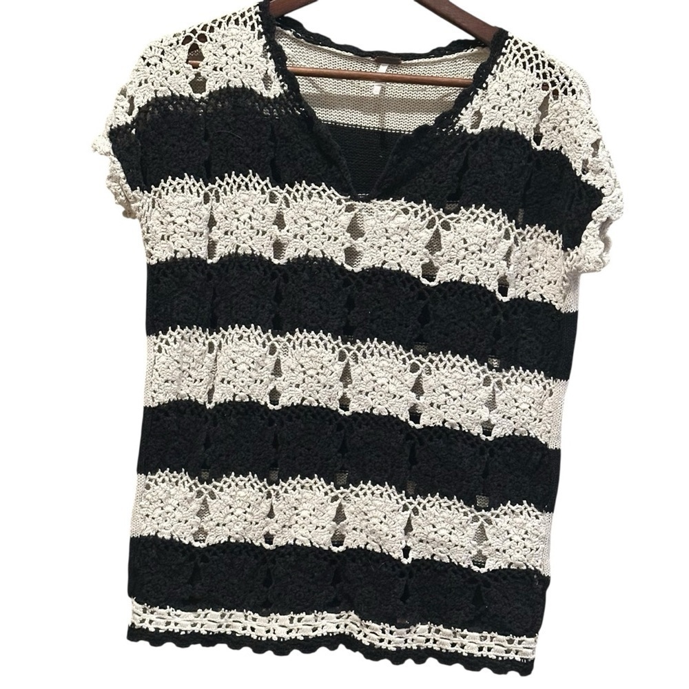 Free People Crochet Top Silk Linen Cotton Black White Striped Tunic Size XS - Picture 2 of 12